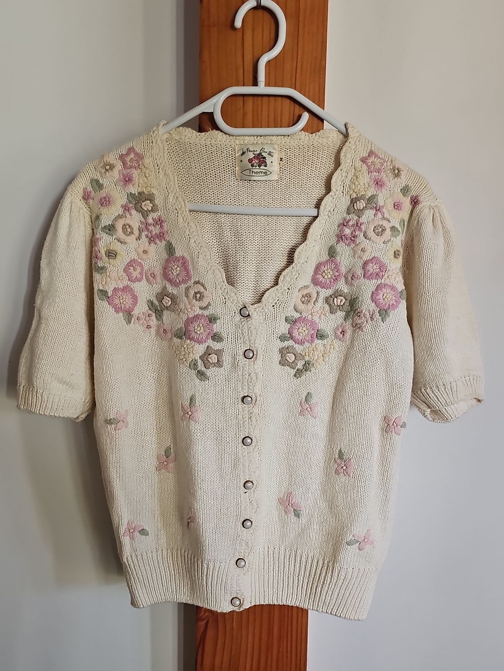 Theme Cream Short-Sleeve Cardigan with Pink & Green Floral Embroidery